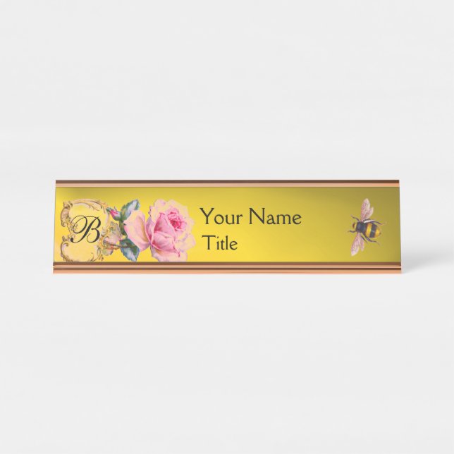ELEGANT PINK ROSE AND HONEY BEE BEEKEEPER MONOGRAM DESK NAME PLATE (Front)
