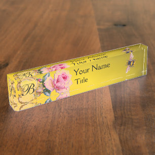 ELEGANT PINK ROSE AND HONEY BEE BEEKEEPER MONOGRAM NAMEPLATE