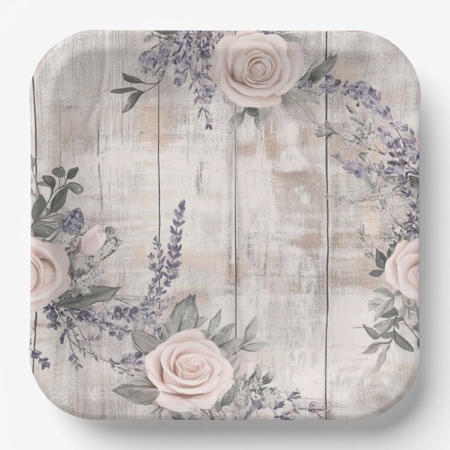 Elegant Pink Rose and Lavender Wedding Paper Plate (Front)
