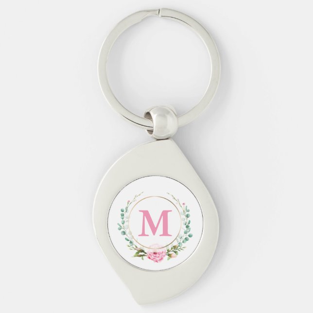 Elegant Pink Rose and Monogram with Floral Wreath Keychain (Front)