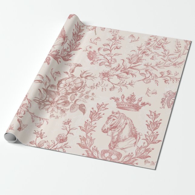 Elegant Pink Rose Beige Equestrian Floral Toile Wrapping Paper (Unrolled)