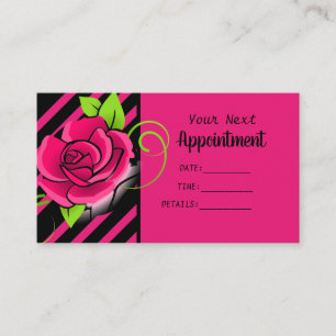 Elegant Pink Rose Black & Hot Pink Striped Salon Appointment Card