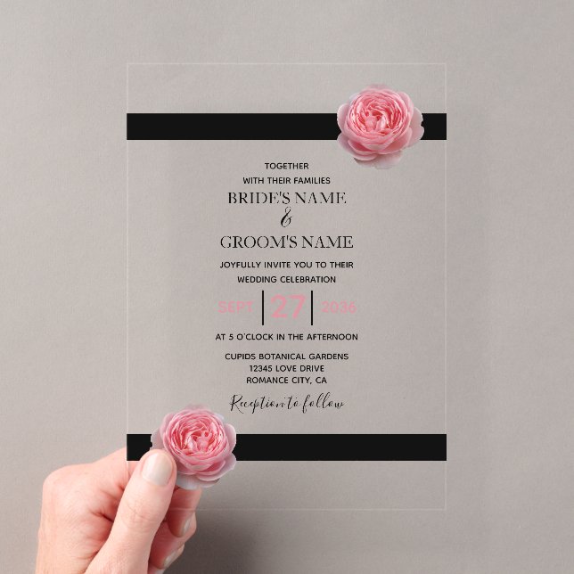 Elegant Pink Rose Black Ribbon Wedding Invitations (Insitu (Handheld))