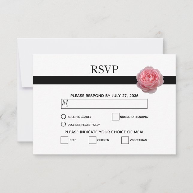 Elegant Pink Rose Black Ribbon Wedding RSVP Cards (Front)