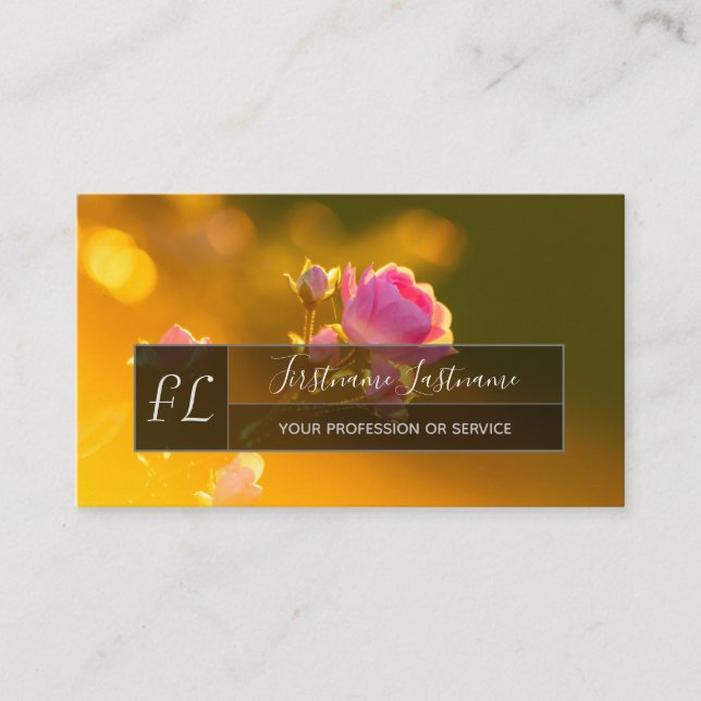 Elegant pink rose blossom grey rectangle monogram  business card (Front)