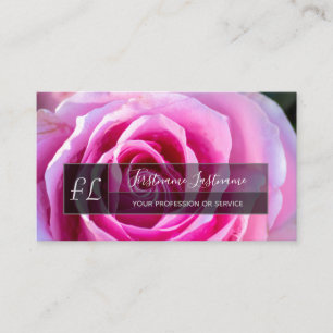 Elegant pink rose blossom grey rectangle monogram  business card