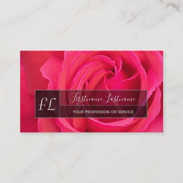 Elegant pink rose blossom grey rectangle monogram business card (Front)