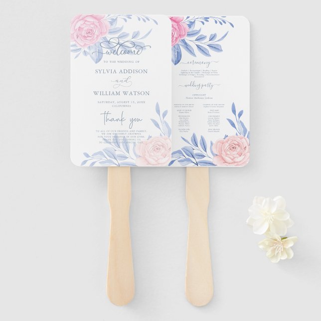 Elegant Pink Rose Blue Minimalist Wedding Program Hand Fan (Front and Back)