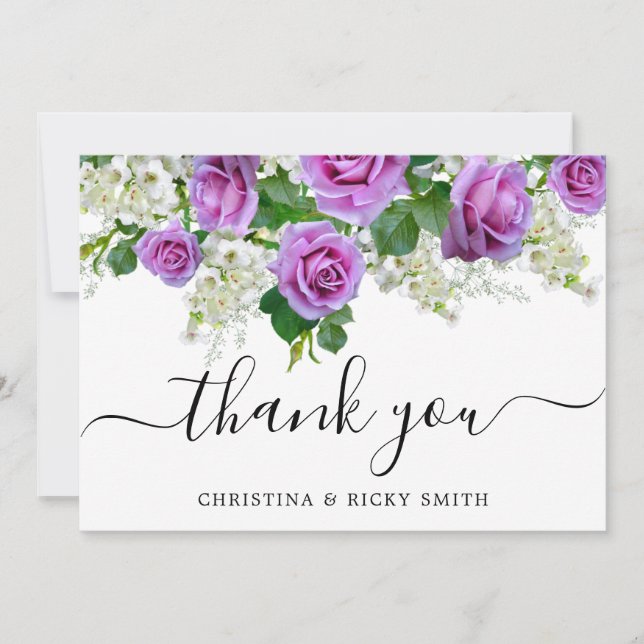 Elegant Pink Rose Bouquet Flowers Wedding Thank You Card (Front)