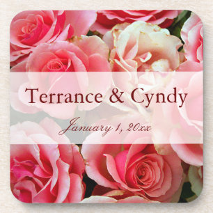 Elegant Pink Rose Bouquet Personalized Coaster