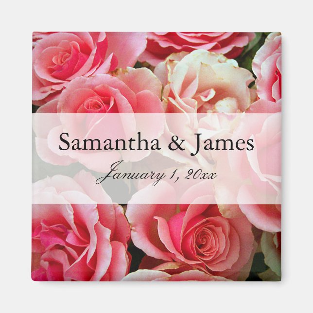 Elegant Pink Rose Bouquet Personalized Wedding Magnet (Front)