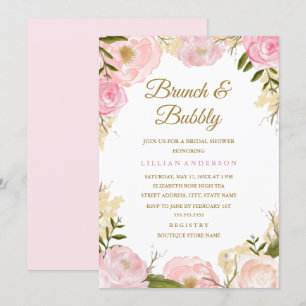 Elegant Pink Rose Brunch and Bubbly Bridal Shower Invitation