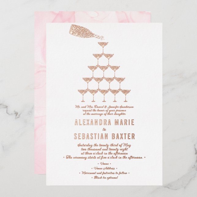 Elegant Pink Rose Champagne Tower Script Wedding (Front/Back)