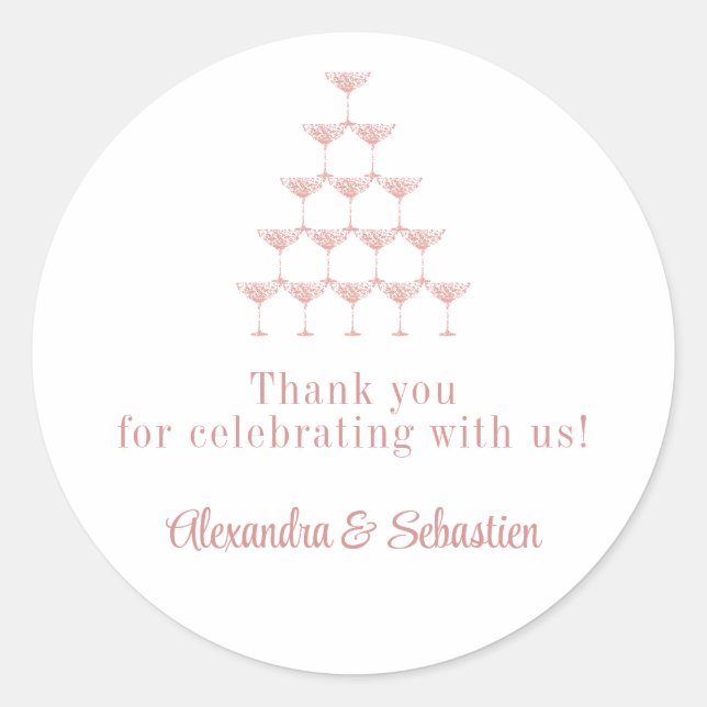 Elegant Pink Rose Champagne Tower Script Wedding Classic Round Sticker (Front)