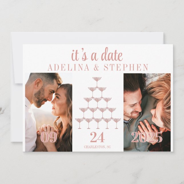 Elegant Pink Rose Champagne Tower Script Wedding Save The Date (Front)