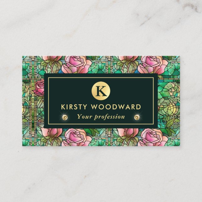 Elegant Pink  Rose Faux Stained Glass Pattern Business Card (Front)