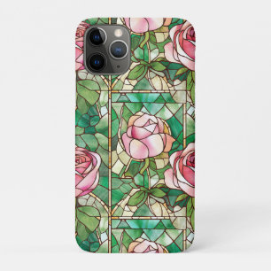 Elegant Pink Rose Faux Stained Glass Pattern iPhone 11 Pro Case
