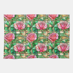 Elegant Pink Rose Faux Stained Glass Pattern Kitchen Towel