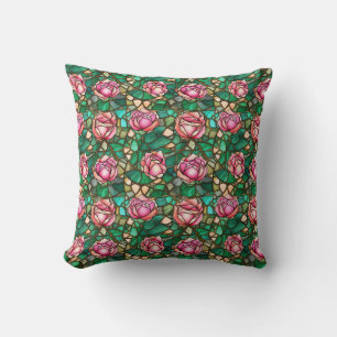 Elegant Pink Rose Faux Stained Glass Pattern Throw Pillow
