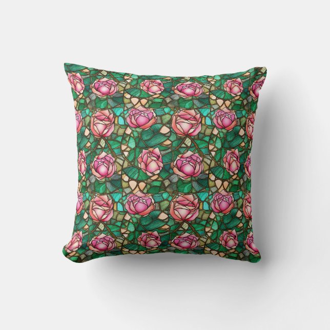 Elegant Pink Rose Faux Stained Glass Pattern Throw Pillow (Front)