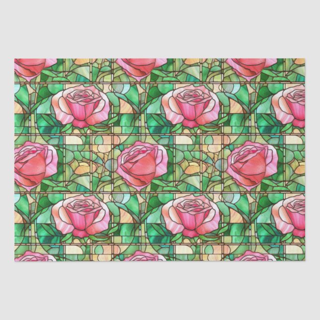 Elegant Pink Rose Faux Stained Glass Pattern Tissue Paper (Front)
