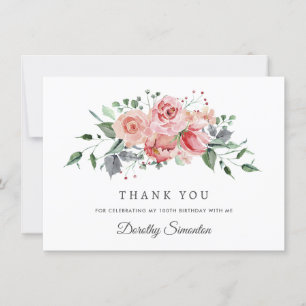 Elegant Pink Rose Floral 100th Birthday Flat Thank You Card