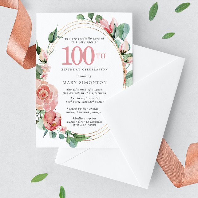 Elegant Pink Rose Floral 100th Birthday Party Invitation (Creator Uploaded)