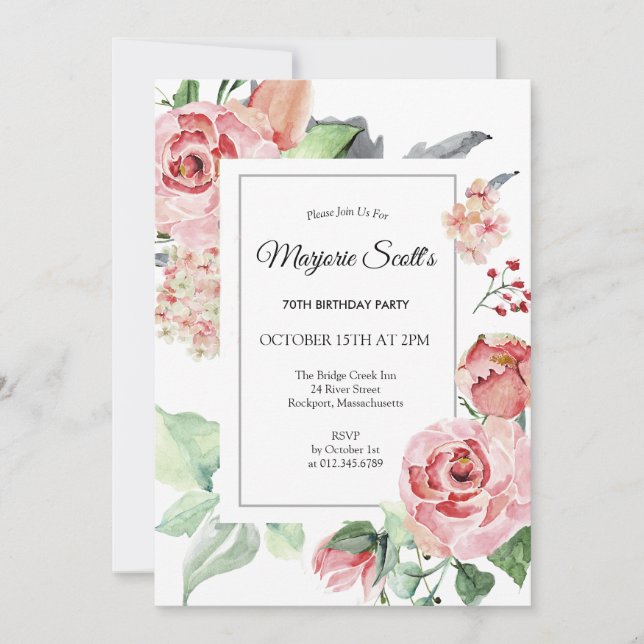 Elegant Pink Rose Floral 70th Birthday Party Invitation (Front)