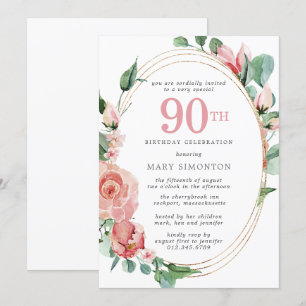 Elegant Pink Rose Floral 90th Birthday Party Invitation