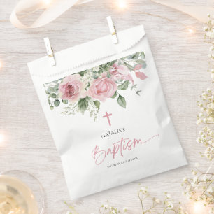 Elegant Pink Rose Floral Baptism Favour Bag