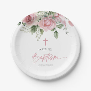 Elegant Pink Rose Floral Baptism Paper Plate