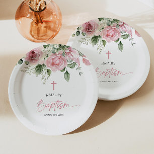 Elegant Pink Rose Floral Baptism Paper Plate