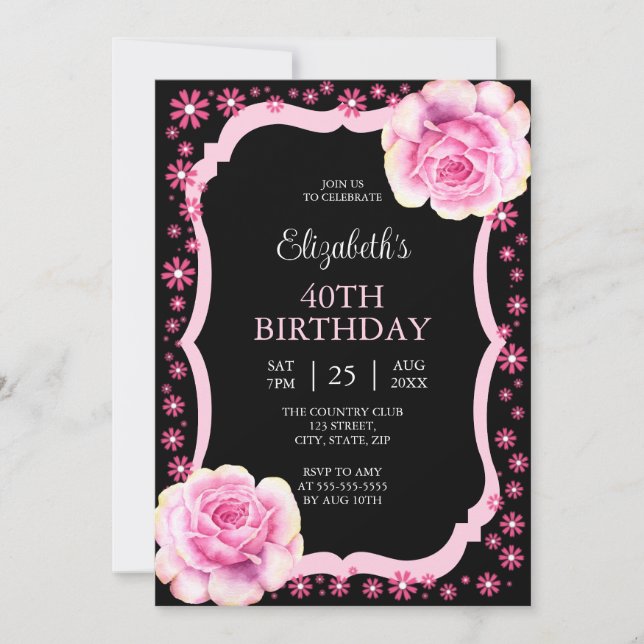 Elegant Pink Rose Floral Black 40th Birthday  Invitation (Front)