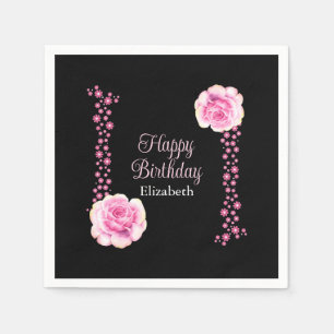 Elegant Pink Rose Floral Black Address Napkin