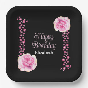 Elegant Pink Rose Floral Black Address Paper Plate
