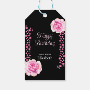 Elegant Pink Rose Floral Black Happy Birthday Gift Tags