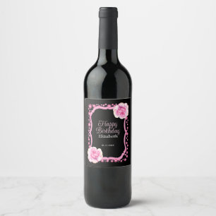 Elegant Pink Rose Floral Black Happy Birthday Wine Label