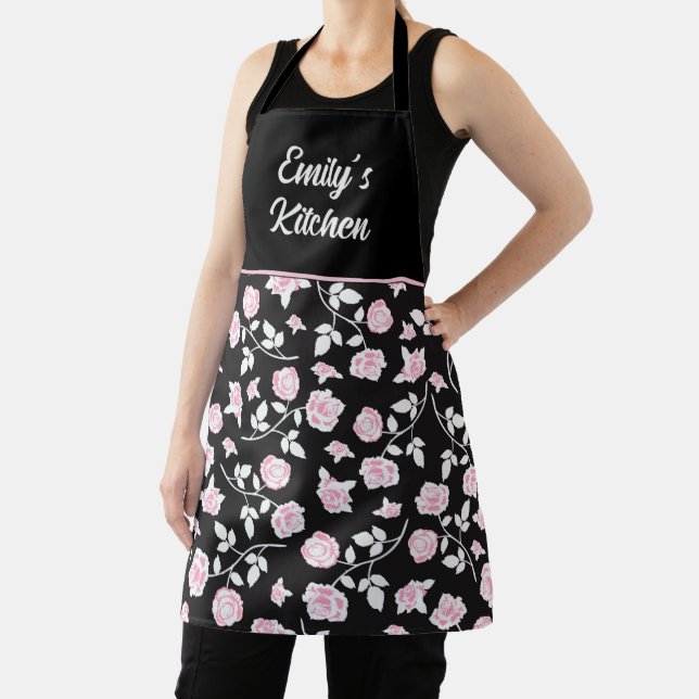 Elegant Pink Rose Floral Black Kitchen Apron (Insitu)