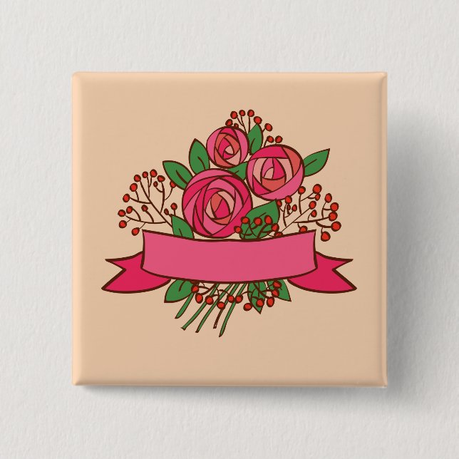 Elegant Pink Rose Floral Bouquet 2 Inch Square Button (Front)