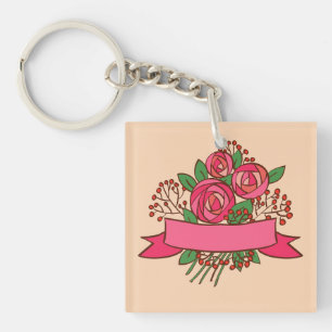 Elegant Pink Rose Floral Bouquet Keychain