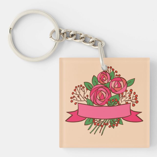 Elegant Pink Rose Floral Bouquet Keychain (Front)