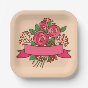 Elegant Pink Rose Floral Bouquet Paper Plate