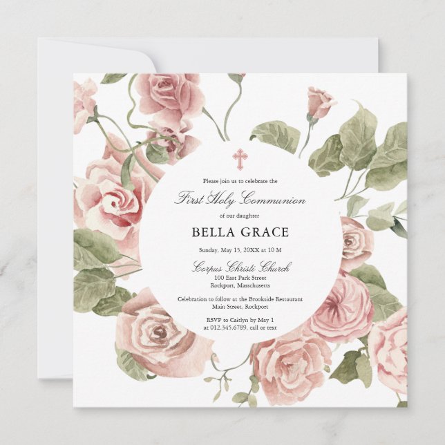 Elegant Pink Rose Floral First Holy Communion Invitation (Front)