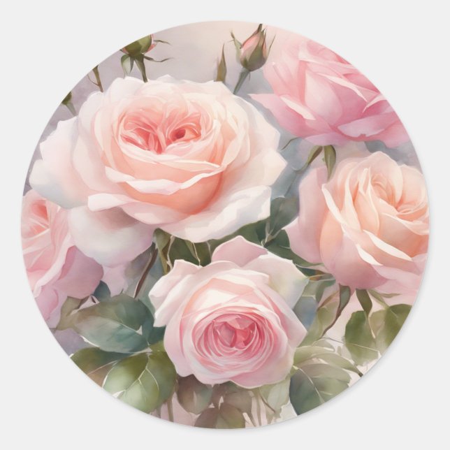 Elegant Pink Rose Floral Garden Classic Round Sticker (Front)