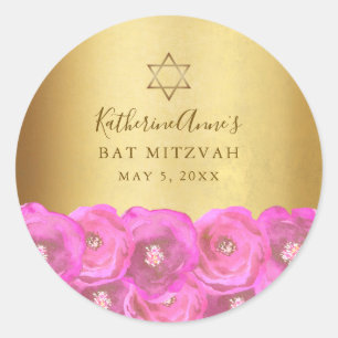 Elegant Pink Rose Floral Gold Bat Mitzvah Classic Round Sticker
