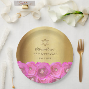 Elegant Pink Rose Floral Gold Bat Mitzvah Paper Plate
