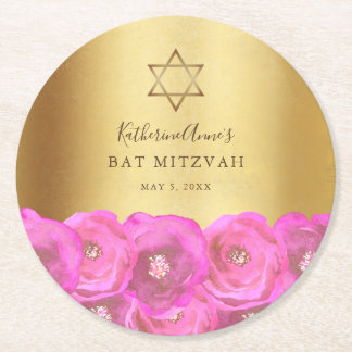 Elegant  Pink Rose Floral Gold Bat Mitzvah Round Paper Coaster
