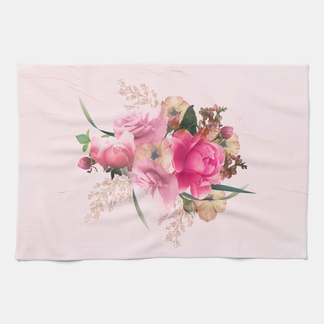 Elegant Pink Rose Floral Gold Bouquet Kitchen Towel (Horizontal)