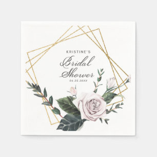 Elegant Pink Rose Floral Gold Frame Bridal Shower Napkin
