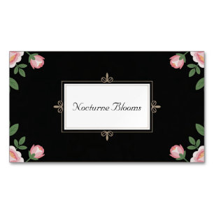 Elegant Pink Rose Floral Gold Scroll Black Magnetic Business Card